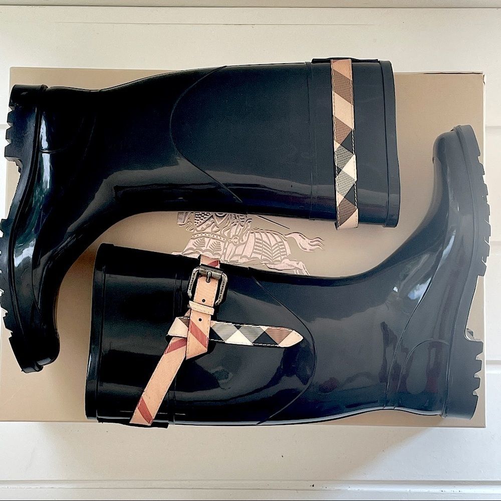 Burberry Kenyon Nova Check Belt Rain Snow Black Rubber Rain Boots Size 38/8 - Picture 6 of 14